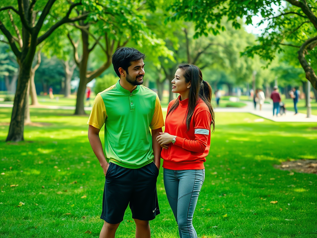 Een man en een vrouw lachen en praten in een groen park, omringd door bomen en andere bezoekers.