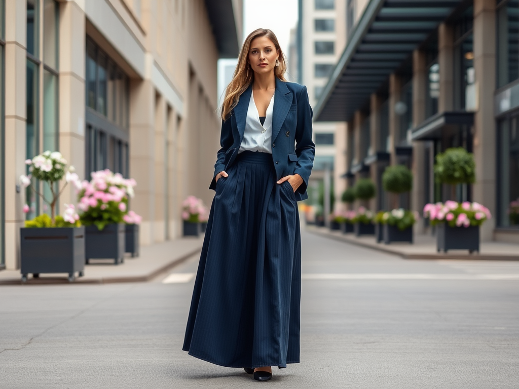 Een elegante vrouw in een navy pak met een lange rok, loopt door een straat met bloembakken.