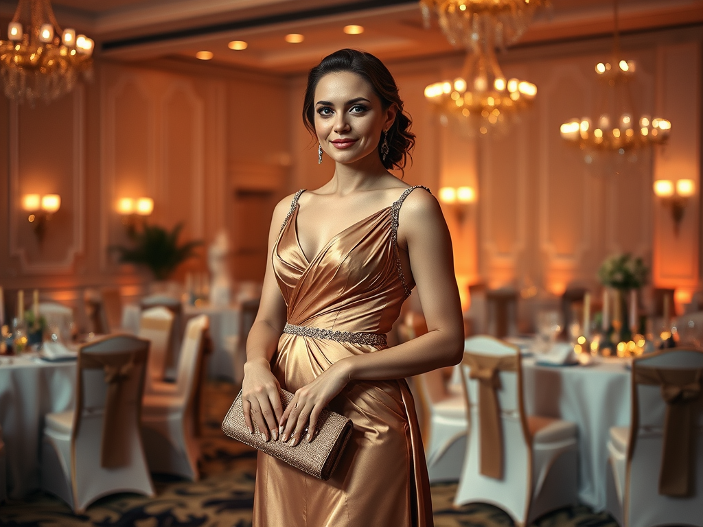 Een elegante vrouw in een gouden jurk poseert in een sfeervolle zaal met gedekte tafels.