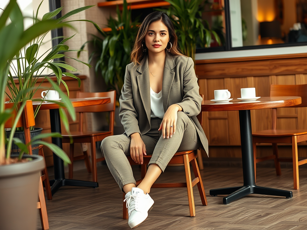 Een vrouw in een grijze blazer en broek zit op een stoel in een café, met planten en koffiekopjes om haar heen.