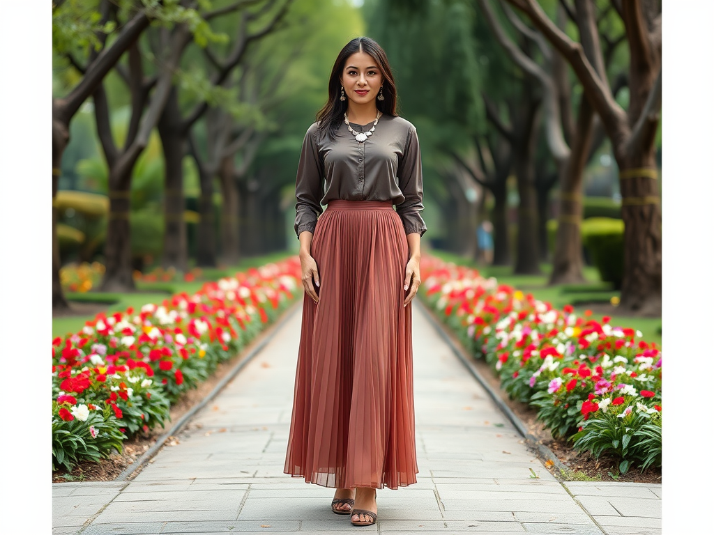 Een vrouw in een lange, elegante rok loopt door een bloemenrijke tuin met bomen aan weerszijden.