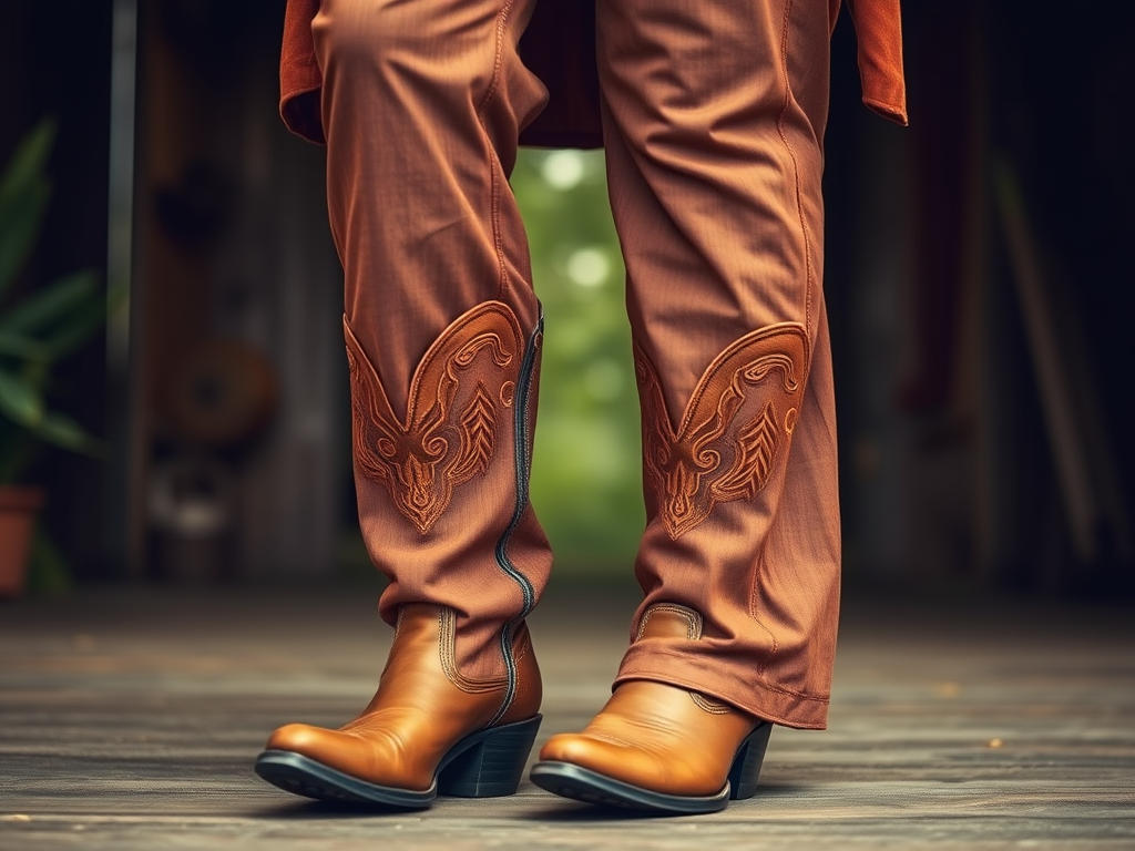 Leren laarzen en oranje broek met decoratieve borduursels, gefotografeerd op een houten vloer.