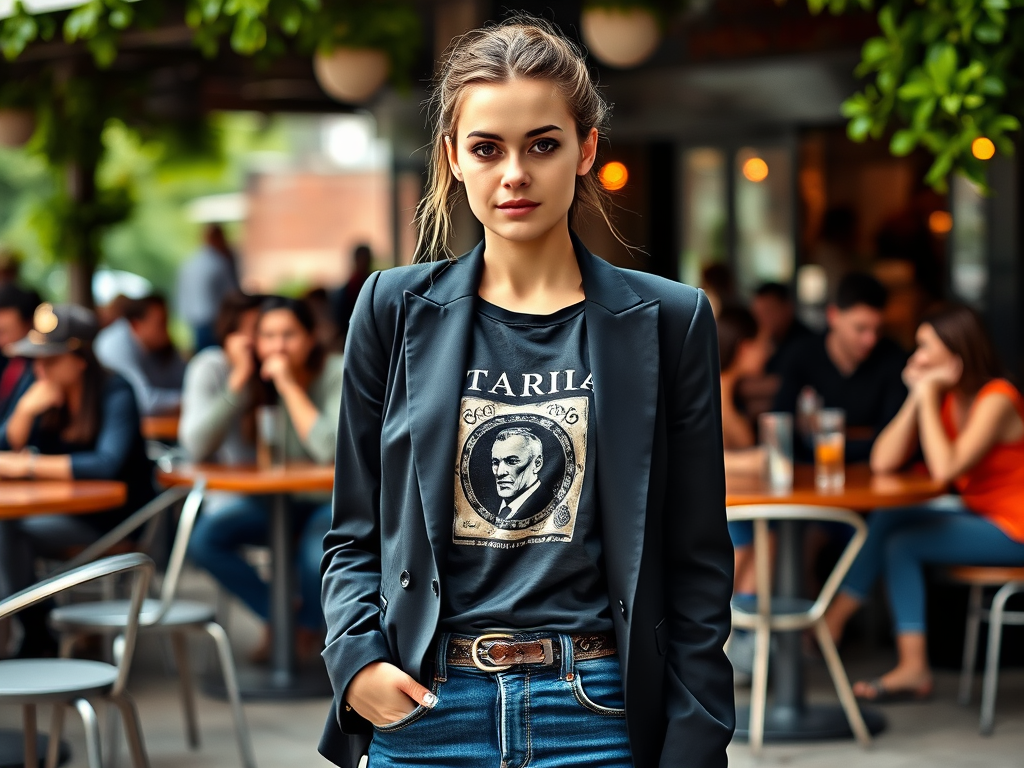 Een jonge vrouw in een blazer en T-shirt staat voor een café, met mensen op de achtergrond die genieten van hun tijd.