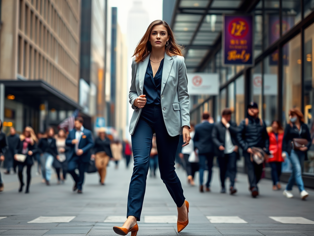 Een vrouw in een grijze blazer en oranje schoenen loopt zelfverzekerd door een drukke straat.