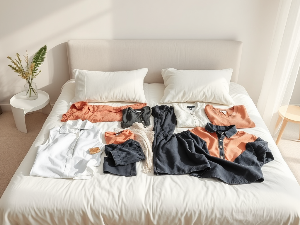 Een bed met schone kleding en een vaas met bloemen, verlicht door natuurlijk licht.